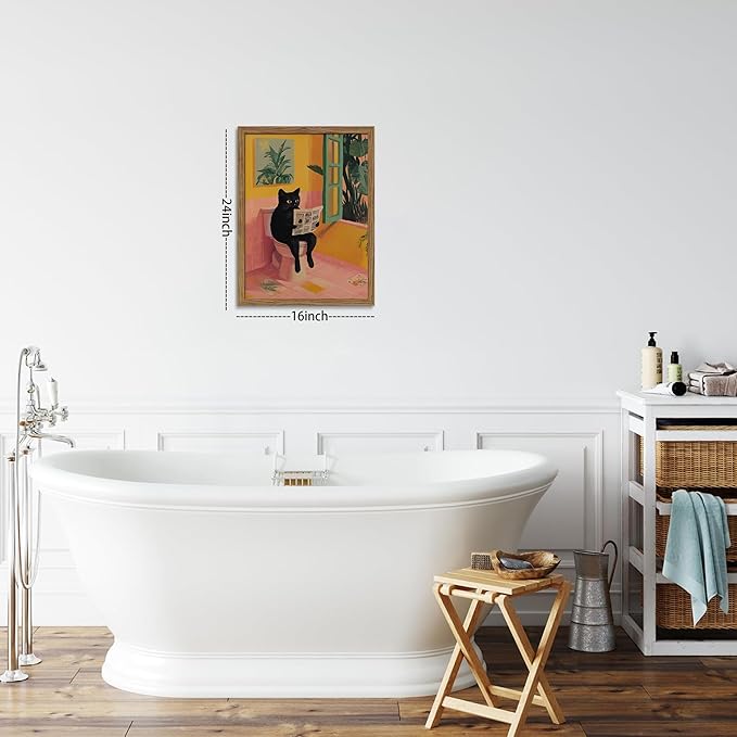 Funny Cat Bathroom Wall Art, Cute Black Cat Sitting on Toilet Reading Newspaper Wall Decor Painting, Whimsical Animal Canvas Artwork Prints Pictures for Bathroom Restroom 12x16 Inch Framed