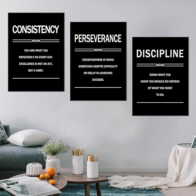 3 Pieces Motivational Posters Wall Decor Perseverance Discipline Consistency Inspirational Office Gym Positive Theme Picture Print for Living Room Workplace Stretched and Framed [60''W x 28''H]