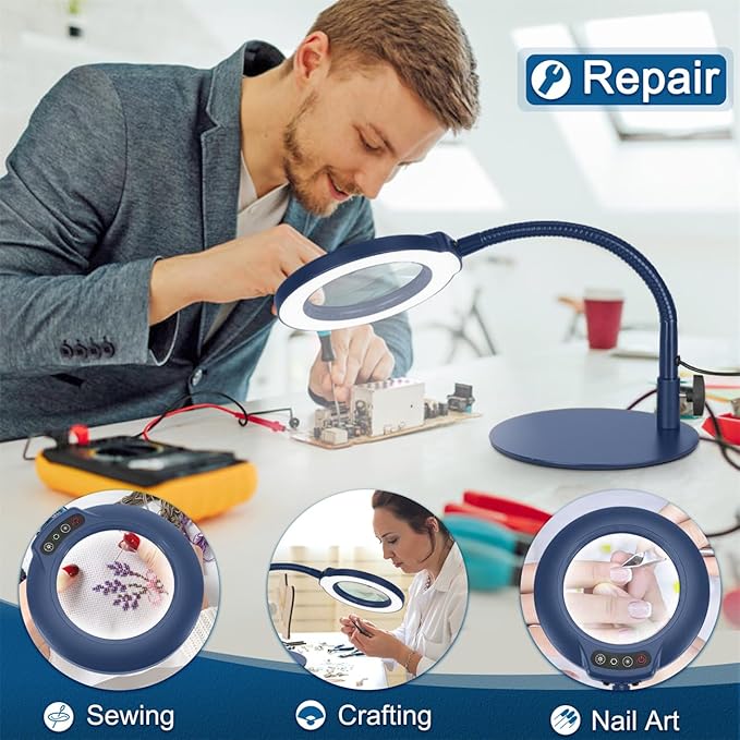 10X Magnifying Glass with Light, Real Glass Lens, 5 Color Modes Dimmable, Flexible Gooseneck Lighted Magnifier with Stand, LED Desk Lamp Hands Free for Crafts Painting Reading Close Work, Blue