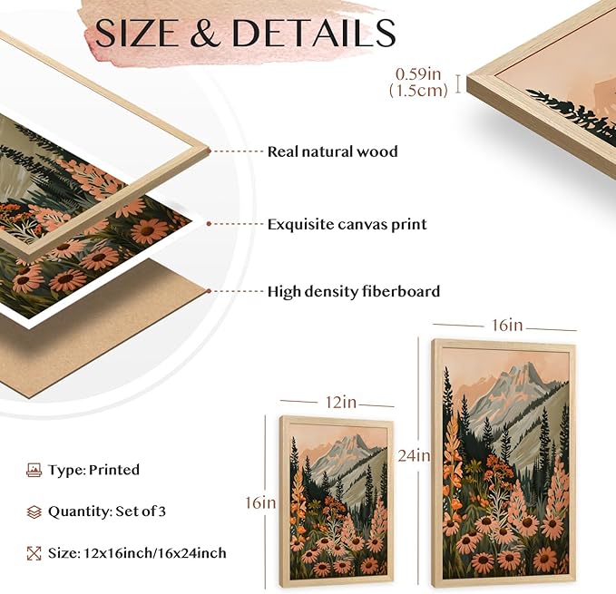 Hianan Boho Daisy Sunset Wall Art, Colorful Mountain Wildflower Wall Decor, Vintage Wildflower Canvas Painting, Modern Botanical Flower Aesthetic Picture for Bedroom Living Room Wood Framed 16"x24"x3