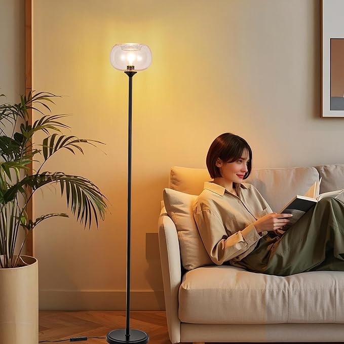 MAYNA Globe Floor Lamp, Clear Round Glass Standing Lamp with Built-in Timer Switch, Black Tall Industrial Lamps for Living Room Bedroom, 2700K LED Bulb Included