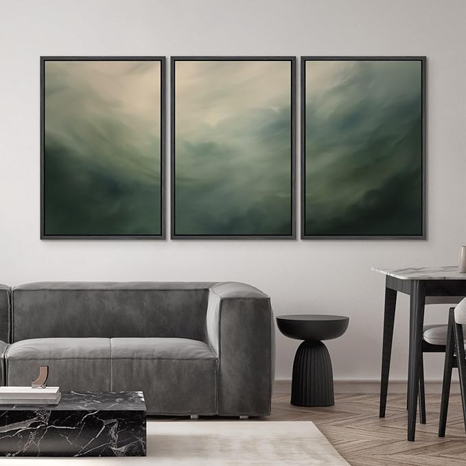 SIGNWIN Framed Canvas Print Wall Art Set Green Abstract Cloudy Landscape Illustrations Modern Art Decorative Boho Relax/Zen Nordic for Living Room, Bedroom, Office - 16"x24"x3 Black