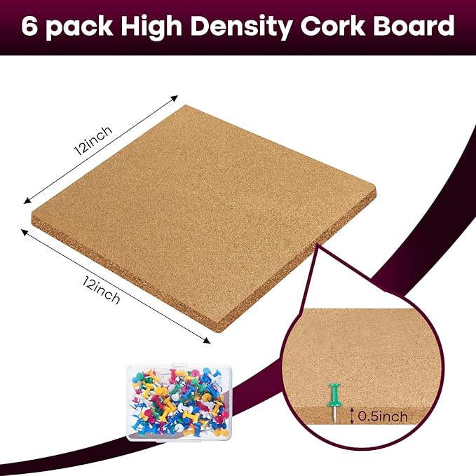 Cork Board 6 Pack 12"x12" - 1/2" Bulletin Boards Self Adhesive Corkboards for Wall School Home Office with 100 Push Pins