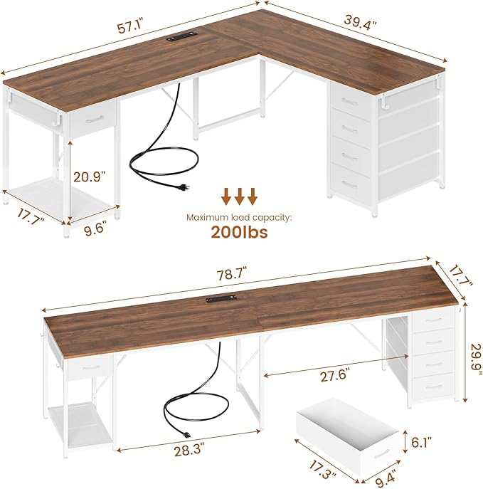 57" L Shaped Desk with 5 Drawers, Reversible Computer Corner Desk with Storage & Power Strip for Home Office, 78.7" Long 2 Person Desk, Brown+White