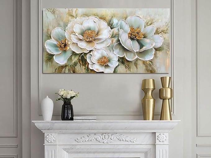 Arjun Vintage Wall Art Canvas Flower for Living Room, Rustic Floral Painting Bedroom, Teal Gold Textured Picture Framed Artwork Dining Room Kitchen Home Office Wall Decor 40"x20"