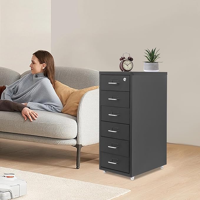 6-Drawer Metal File Cabinet, Metal Filing Storage Vertical Cabinets with Lock Home Office Filing Cabinets for Organization Hanging Letter/Legal/F4/A4 (Black)