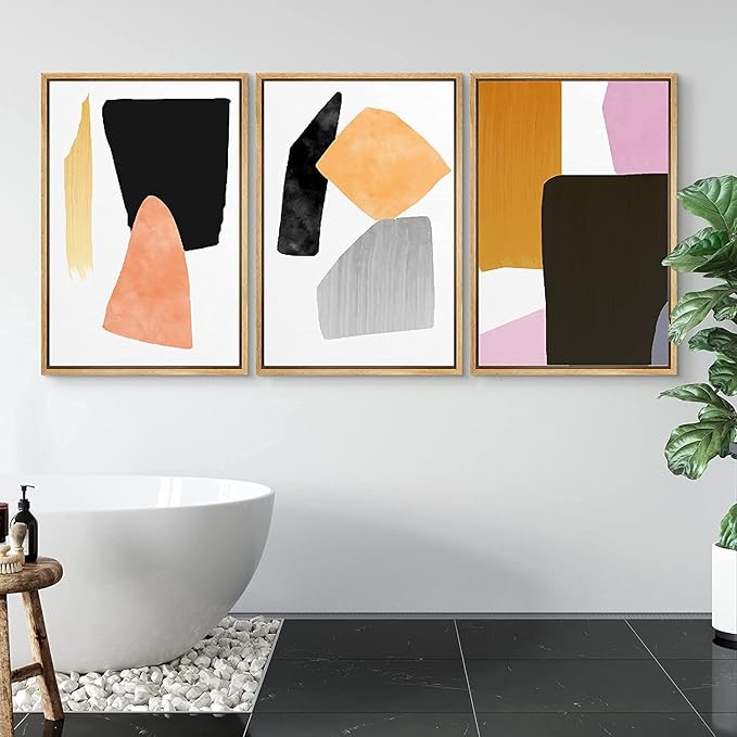 SIGNFORD Framed Wall Art Print Set Orange, Black & Purple Polygons Abstract Shapes Digital Art Modern Art Contemporary for Living Room, Bedroom, Office - 24"x36"x 3 Panels Natural