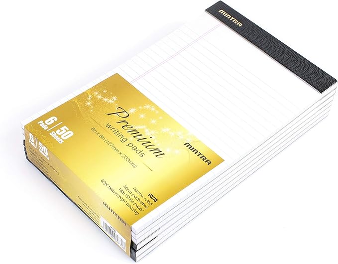 Mintra Office White Legal Pads – Ruled Notepads and Micro-Perforated Sheets, Ideal for Writing, Note-Taking & Creativity, Office, or Professional Use, Premium Pad 6 pack, 5"x8" (Narrow Ruled)