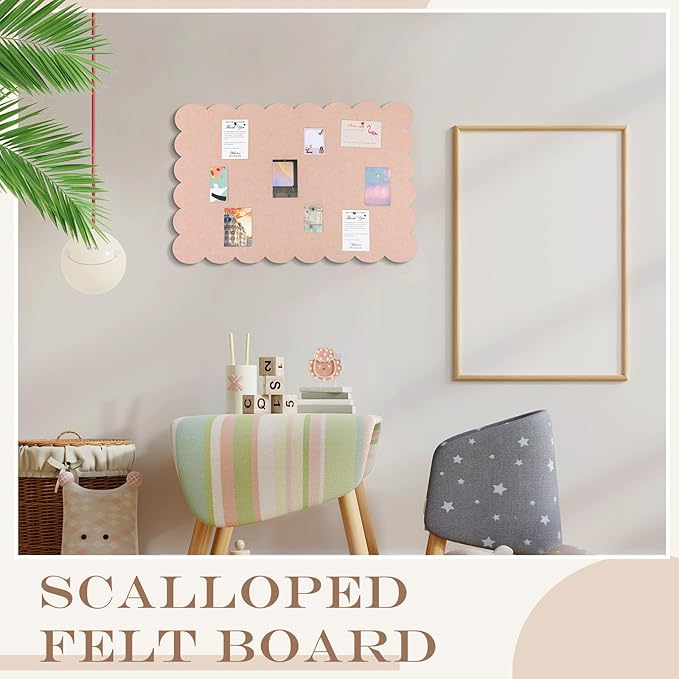 Scalloped Felt Bulletin Board 24 x 18 Inches Foldable Flesh Pink Pin Cork Board Alternative for Wall, 2' x 1.5' Trifold Picture Vision Self Adhesive Bulletin Decorative