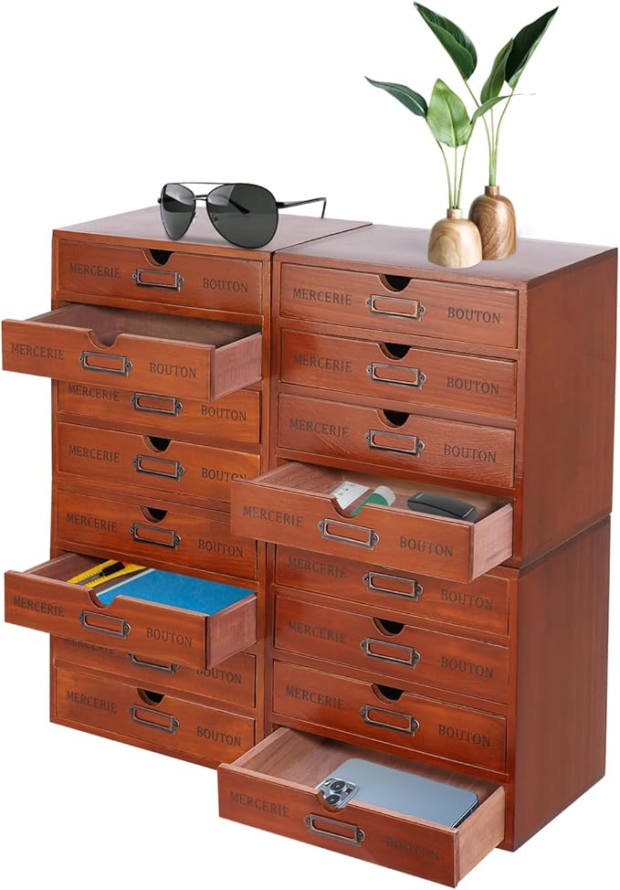 Elegant Wooden Drawer File Cabinet,16 Drawers 4-Slot Large Storage Box,Vertical Storage Filing Jewelry Box, Multi Level Countertop Drawer Organizer for Living Rooms, Bedrooms,Offices,Brown