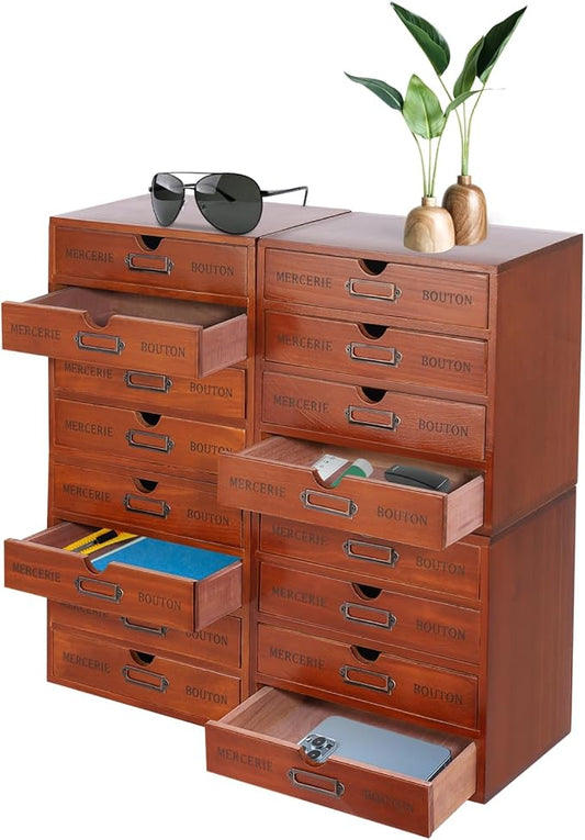 Elegant Wooden Drawer File Cabinet,16 Drawers 4-Slot Large Storage Box,Vertical Storage Filing Jewelry Box, Multi Level Countertop Drawer Organizer for Living Rooms, Bedrooms,Offices,Brown