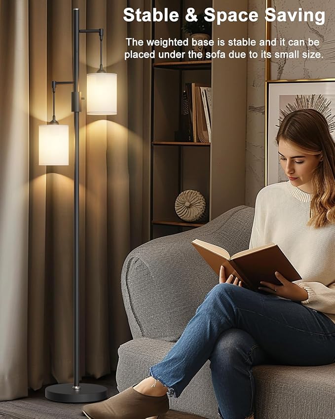Lightdot 65IN Black Floor Lamp for Living Room, Industrial 2-Light Tree Floor Lamps with Linen Shade, Mid Century Modern Standing Tall Lamp for Bedroom/Sofa Beside/Corner Decor-Black(Bulb Included)