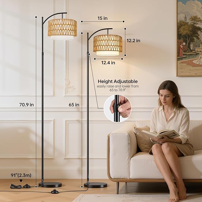 Floor Lamps for Living Room Rattan Boho Floor Lamp with Shade, Boho Standing Lamp with Rattan & Fabric Shades, Adjustable Tall Lamp for Living Room Bedroom