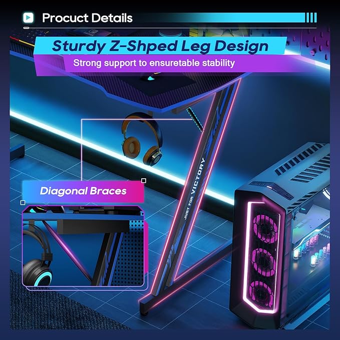 BestOffice 39" Gmaing Desk Computer Gaming Desk Z Shaped Gaming Workstation Ergonomic Gaming Table with Headphone Hook for Game Players,Black&Blue