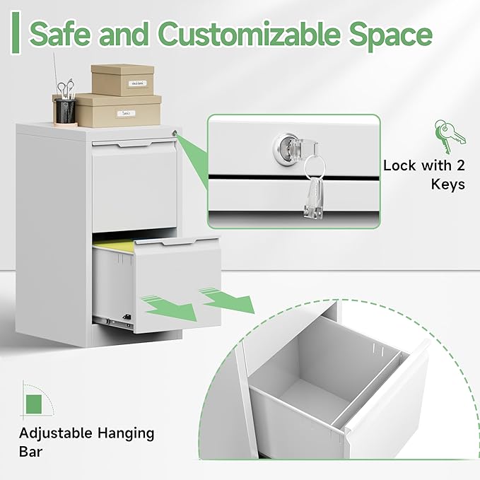 2 Drawer File Cabinet with Lock,Filing Cabinets for Home Office,Metal Small File Cabinet for Letters/Legal/A4 Size, Assembly Required,White
