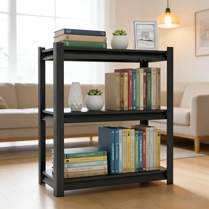 Modern Book Shelf, 3-Tier Bookcase, Bolt-free Metal Storage Shelves for Books CDs Movies Garage Kit, Adjustable Display Bookshelf in Living Room, Bedroom, Kitchen, Home, Office, 27.5"W x31.5"H Black