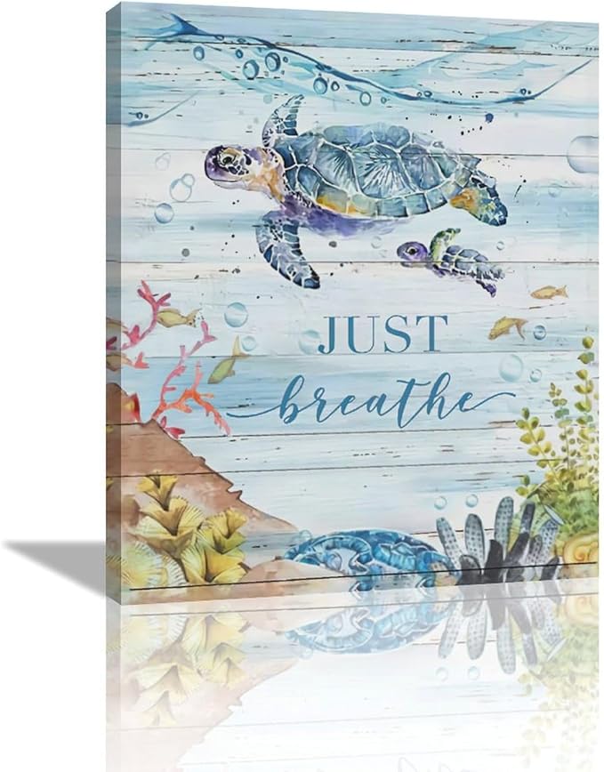 Ocean Sea Turtle Wall Art Nautical Just Breathe Pictures Wall Decor Beach Seaweed Canvas Coastal Painting Modern Artwork Home Decoration for Bathroom Living Room Bedroom Office Framed 20"x24"