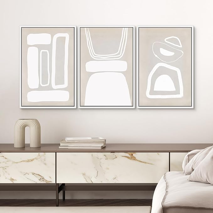 SIGNWIN Framed Canvas Print Wall Art Set Mid-Century Boho Geometric Polygons Abstract Shapes Cozy Neutral Modern Art Decorative Contemporary Minimal for Living Room, Bedroom, Office - 16"x24"x3 White