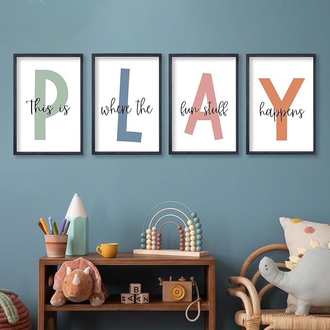 TQianJiang Playroom Wall Art for Kids 4 Piece PLAY Letter Prints with This is Where the Fun Stuff Happens Quote 11"×16" Modern Colorful Decor Children Nursery Toddler Wood Framed Wall Hanging (Black)