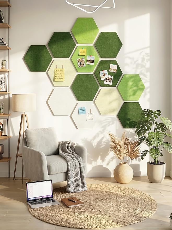 8 Pack Hexagon Felt Bulletin Board Tiles - 11.8" Large Thick Pin Board for Walls with 30 Push Pins, DIY Boards for Office Home School Decor, Aesthetic Hex Cork Board Alternative