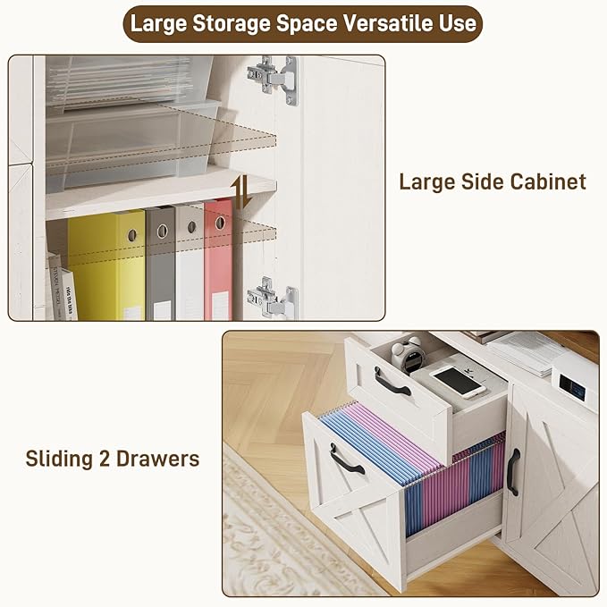 Lateral File Cabinet with 2 Drawers and Door Farmhouse File Cabinet for A4/Letter Size Hanging Files, Large Wood File Storage Cabinets Printer Stand with Open Space for Home Office Furniture, White