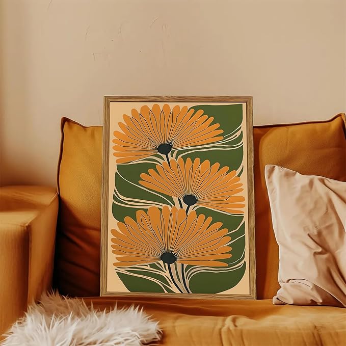 Framed Boho Floral Canvas Wall Art, Vintage Flower Pictures Wall Decor, Abstract Botanical Paintings Prints Maximalist Home Decor for living Room Bedroom Office 16x24 inch