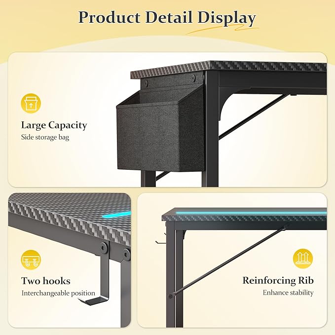 32 Inch Computer Desk with LED Lights for Small Spaces, Office Desk for Home Office, Study Desk Writing Table with Storage Bag, Headphone Hook, Black