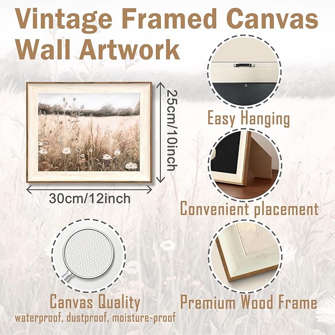 ASTRDECOR Framed Nature Wall Art Prints, Vintage Wildflower Field Landscape Canvas Wall Art Bedroom, Autumn Oil Painting Botanical Artwork, Plant Pictures Farmhouse Wall Decor Living Room - 10''x12''