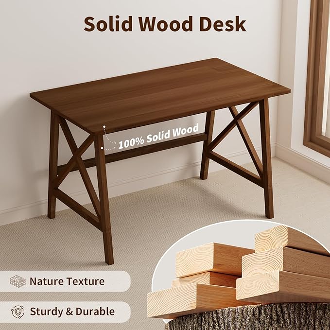 Modern Solid Wood Desk - 42" Simple Computer Table for Home Office Study Writing Workstation in Walnut, 42" W x 24" D