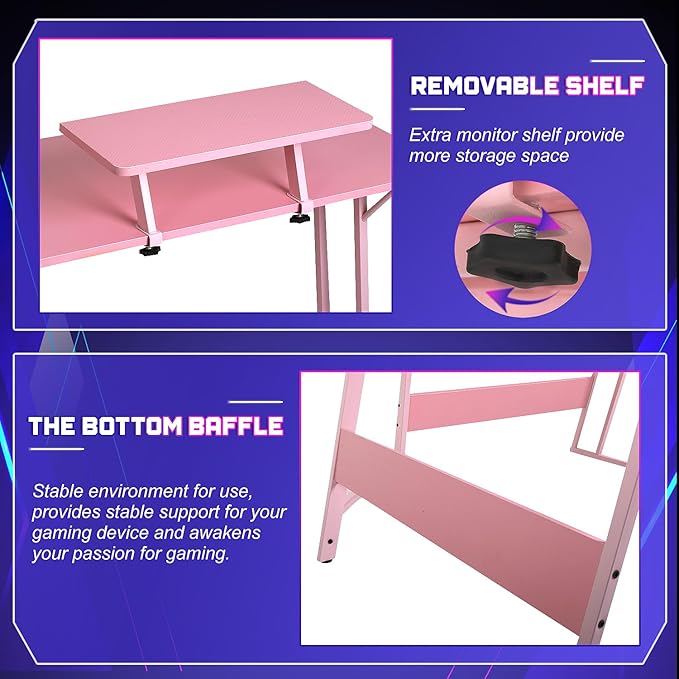 NChanmar L Shaped Gaming Desk with Monitor Riser Stand, Home Office Corner Desk for Studying, Working and Gaming, Large Desktop, Pink