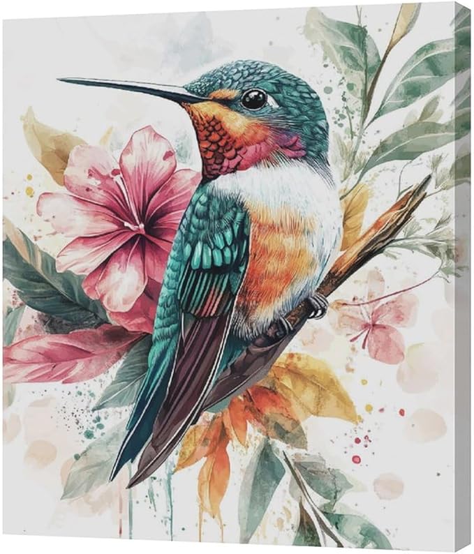 Watercolor Hummingbird Wall Art Country Flower Bird Pictures Wall Decor Colorful Canvas Painting Modern Home Artwork Decorations for Bathroom Bedroom Living Room Office Framed 20"x24"