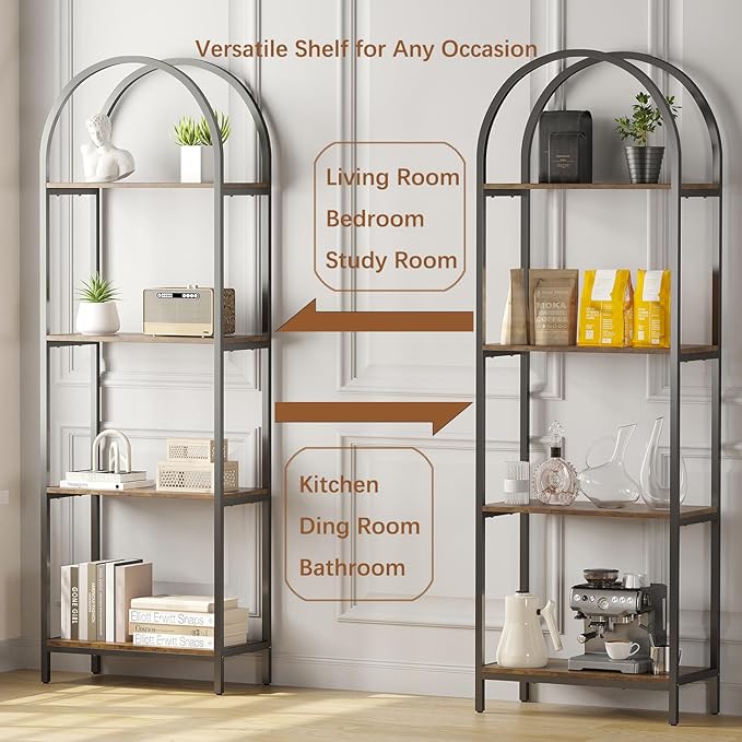 Bookshelf Arched Bookcase, Industrial 4-Tier Open Book Shelves with Metal Frame, 72" Tall Freestanding Storage Display Rack for Home Office, Living Room (Rustic Brown, 4 Tier Arched)