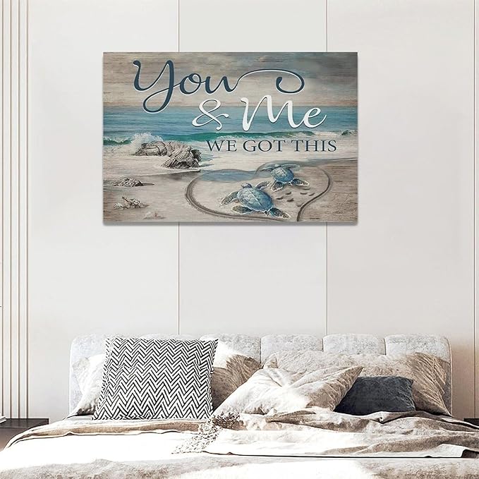 Beach Sea Turtle Bathroom Wall Art Coastal Turtle Love Pictures Wall Decor Ocean Nautical Canvas Seascape Painting Modern Artwork Home Decoration for Living Room Bedroom Office Framed 24"x16"