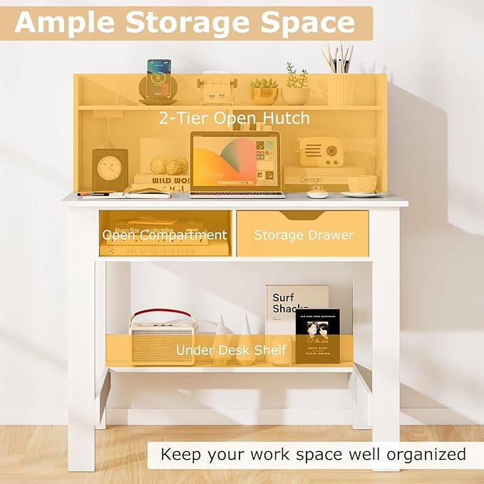 Tangkula White Desk with Hutch & Drawer, Modern Computer Desk with Charging Station USB & Type C Port, Cable Hole, Home Office Desk with Storage Shelves for Study Room Bedroom