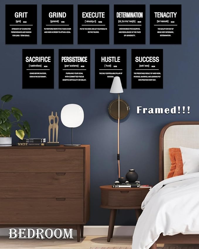Drsoum Framed Inspirational Office Wall Art Motivational Wall Decor Quotes Encouraging Canvas Posters for Living Room Bedroom Sayings 8” x10” x9 PCS FRAMED