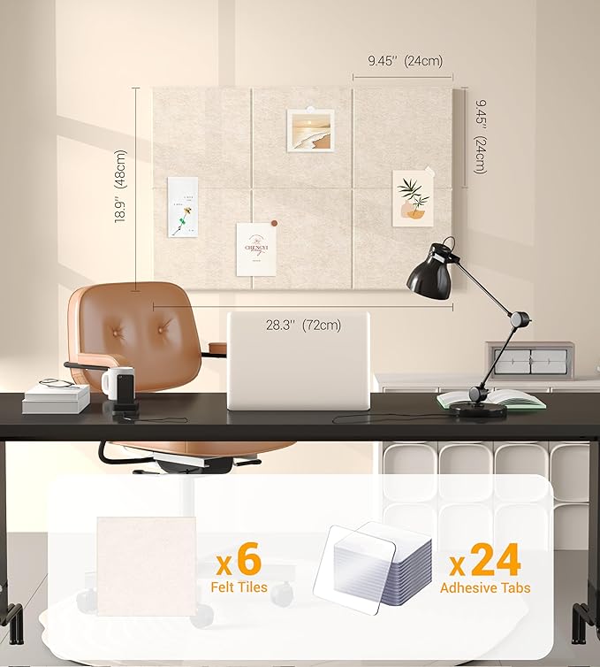 1/2" Thick Cork Board for Office, 6 Pack Felt Wall Tiles -28"x18" with Safe Adhesive Tabs, Large Bulletin Board, Push Pin Board Organizer Wall - Beige