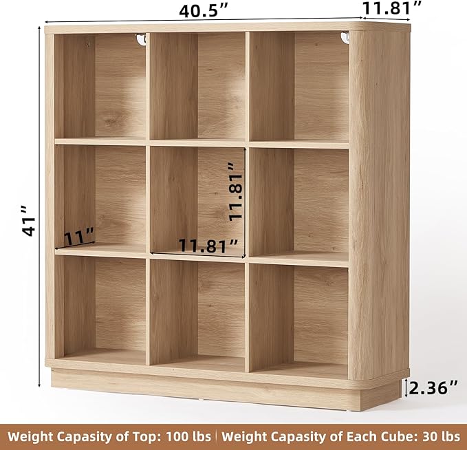 9 Cube Storage Book Shelf, 41" Tall Organizer Bookshelf with Curved Edge, Modern Floor Standing 3-Tier Cubby Bookcase with Base, Wood Display Book Case for Living Room, Home Office,Natural Oak