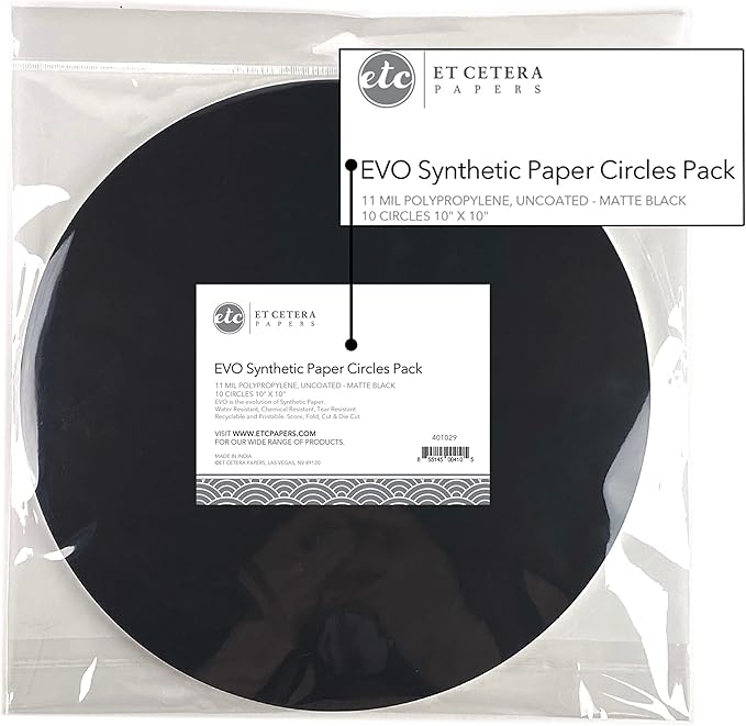 Et Cetera Papers EVO Synthetic Circles 10” – Tear Resistant Matte Black Recyclable Paper for Alcohol Ink – Reusable Flexible - Forgiving - Many Inks Wipe Off Clean for Easy Reuse - 10 Sheets
