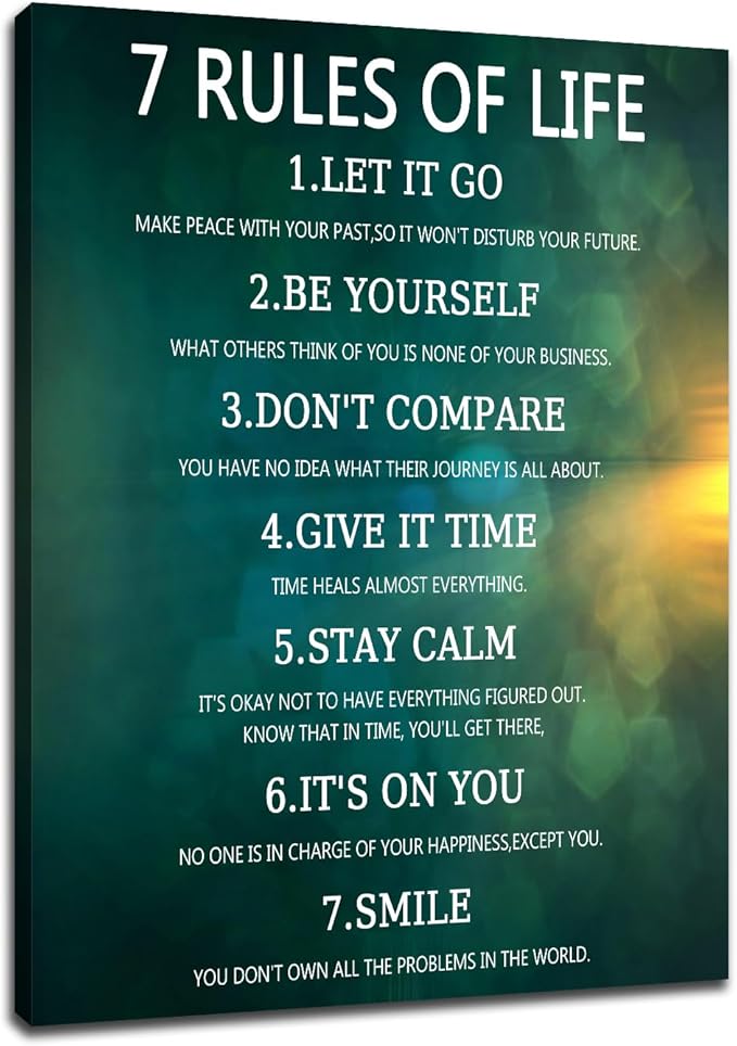 Motivational Canvas Poster Wall Art Home Decor Inspirational 7 Rules Of Life Entrepreneur Quotes Print Positive Theme Painting Artwork for Kitchen Teens Room Office Stretched and Framed [18''Hx24''W]