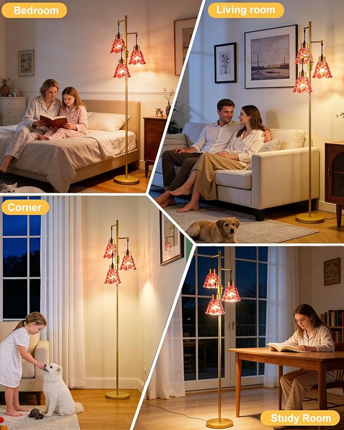 Lightdot 65" Glass Floor Lamps for Living Room, 3-Light Dimmable Floor Lamp with Rose Red Glass Shade& E12 Bulbs Included, Mid Century Standing Tall Lamp for Bedroom/Sofa Beside/Corner Decor-Gold