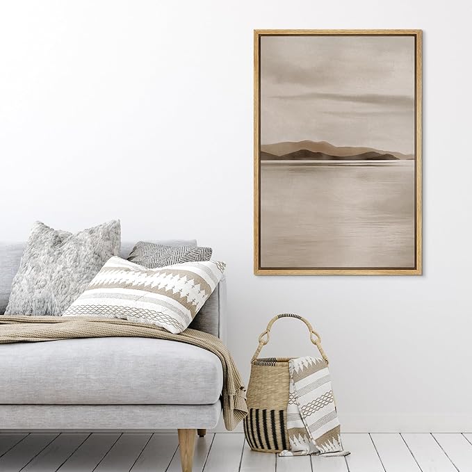 SIGNFORD Framed Canvas Print Wall Art Distant Mountains and Still Water Illustration Minimalism Decorative Colorful Mid-Century for Living Room, Bedroom, Office - 24"x36" NATURAL