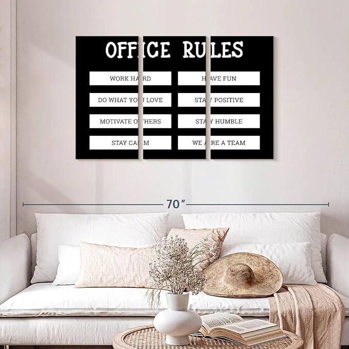 Elephant Stock - Office Rules Wall Art - Horizontal Multi Panel Canvas - 3 Piece Home Office Wall Decor - Digital Art Motivational Typography Multi Piece Wall Art - Black And White Decor by Cad Designs - 45" x 28"
