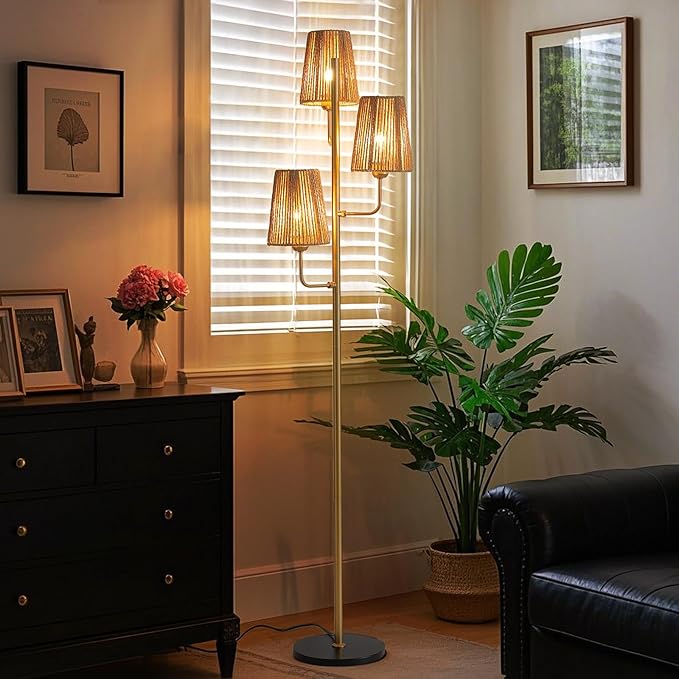 Boho Floor Lamp for Living Room:3 Light Rattan Floor Lamp for Bedroom, Gold Standing Lamp with Foot Switch, Coastal Rustic Tall Lamp, No Bulb