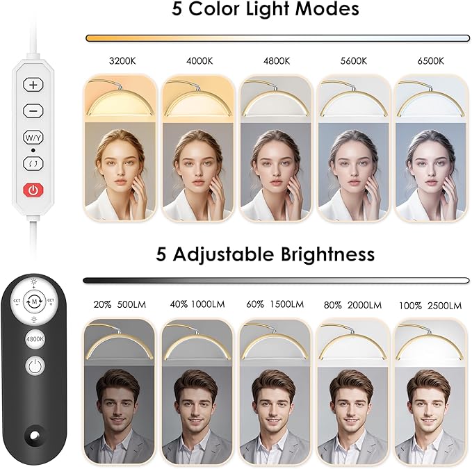 Lash Light, Flexible Half Moon Light with Phone Holder for Eyelash Nail Art Tattoos Skincare, 5 Color Temperatures & Brightness Setting LED Floor Lamp, Height Adjustable Esthetician Lamp