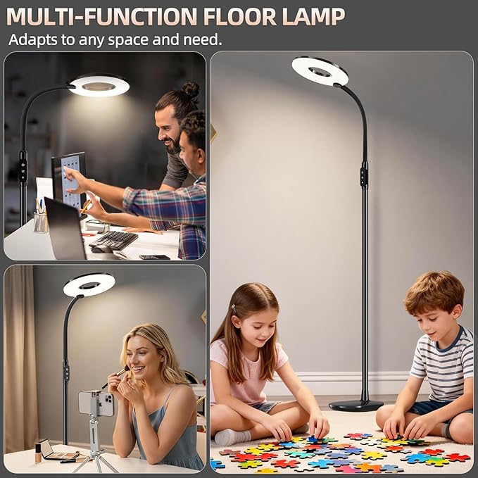 GyroVu LED Floor Lamp, 70'' Bright Reading Floor Lamps for Living Room, Dimmable & Adjustable Color Temperature, Touch Control Standing Tall Lamp with Gooseneck for Bedroom Office Craft Sewing, Black