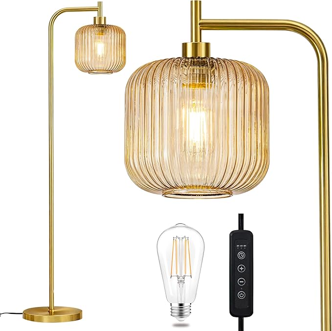 MAYNA Mid Century Modern Floor Lamp, Amber Ribbed Glass Standing Lamp with Built-in Timer Switch, Gold Tall Vintage Lamps for Living Room Bedroom, 2700K LED Bulb Included