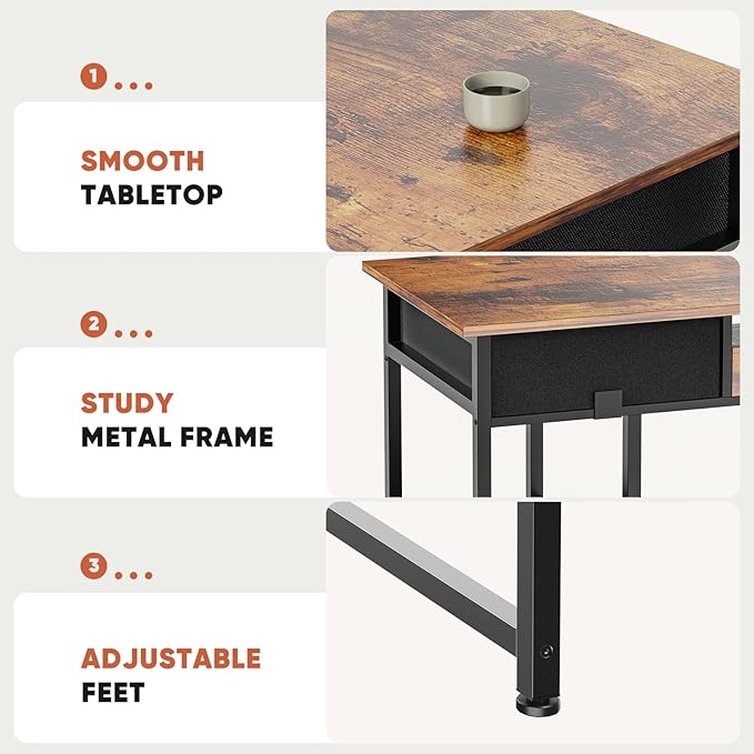 DUMOS 48" Small Computer Home Office Desk for Bedroom with Drawers, Gaming Writing Study Table with Storage Shelf, Adjustable Feet, Metal Frame Rustic Brown