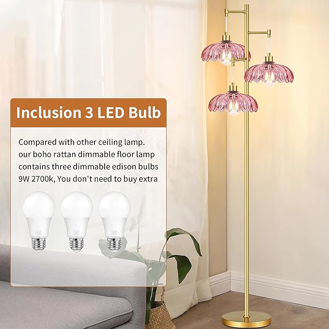 Pink Floor Lamp for Living Room,Bedroom,Gold Mid Century Modern Standing Lamp Brass Tree 3 Light Tall Floor Lamps Vintage Retro Floor Lights Glass Flower Lamp Shade Farmhouse Boho Bohemian