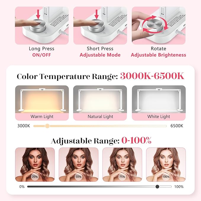 Yokilly 48W Half Moon Light: 34" Shadow-Free Half Moon Light for Desk Salon - Foldable LED Desk Lamp with Stepless Brightness 3000K-6500K for Manicurist Nail Tech (White, Large)