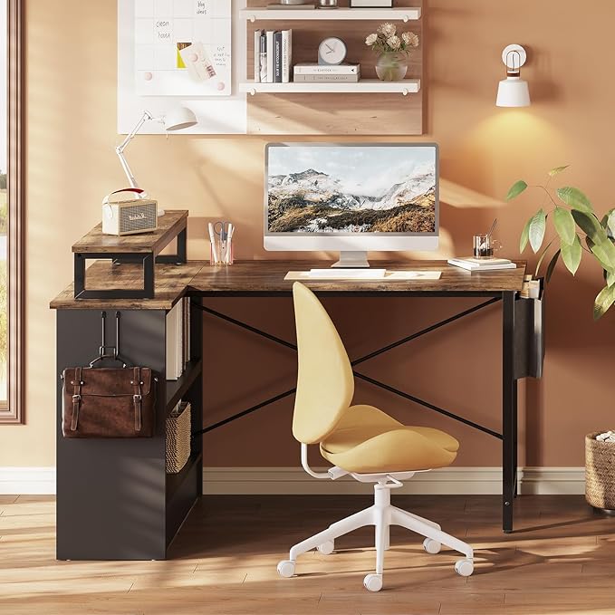 Bestier Small L Shaped Desk with LED Lights, 42 Reversible Computer Desk with Open Storage Cabinet & Monitor Stand, Corner Desk with Side Storage Bag for Home Office Bedroom, Rustic Brown